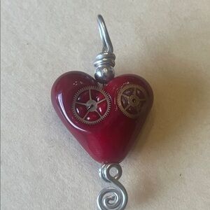 Steampunk Heart Pendant in Red and Silver